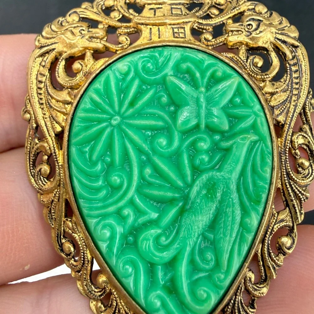 Vintage Dragon Pagoda Brooch Pendant Green Gold Tone Plastic